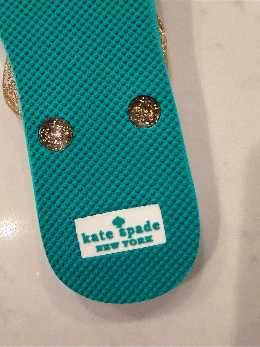 kate spade light blue flip flops with green palm and gold glitter straps - Picture 4 of 6